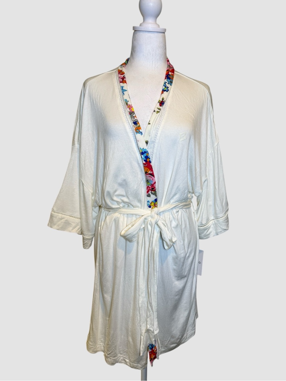 Vera Bradley Knit Kimono Robe Floral and Ladder Lace  Trim Ivory Large NWT